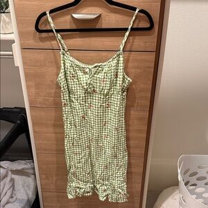 Elegant Green Gingham Mini Dress with Floral Details